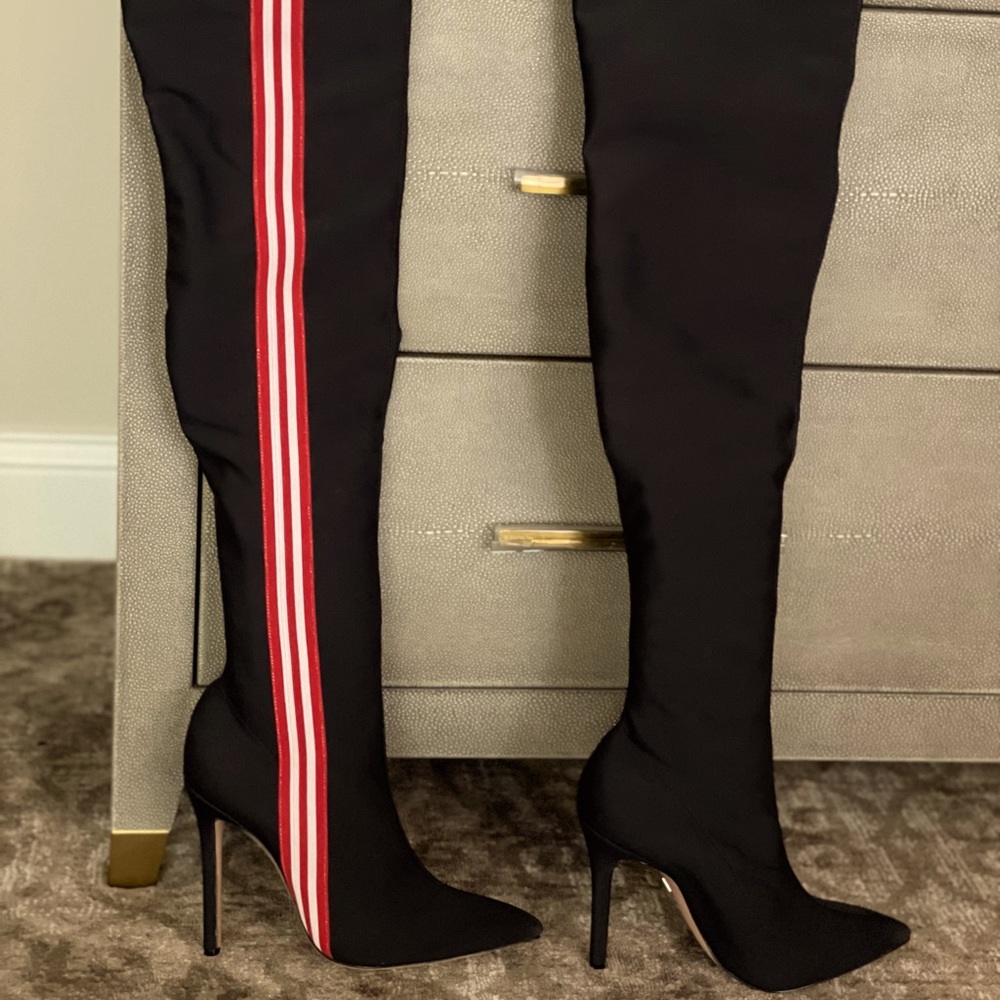 Schutz over the knee boots (black with red and white stripe) Size 9